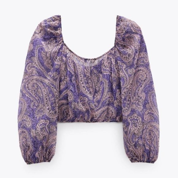 ZARA Purple NWT Cropped Sheer Blouse Top LARGE Boho Indie Floral Mauve Ruffle - Picture 4 of 9